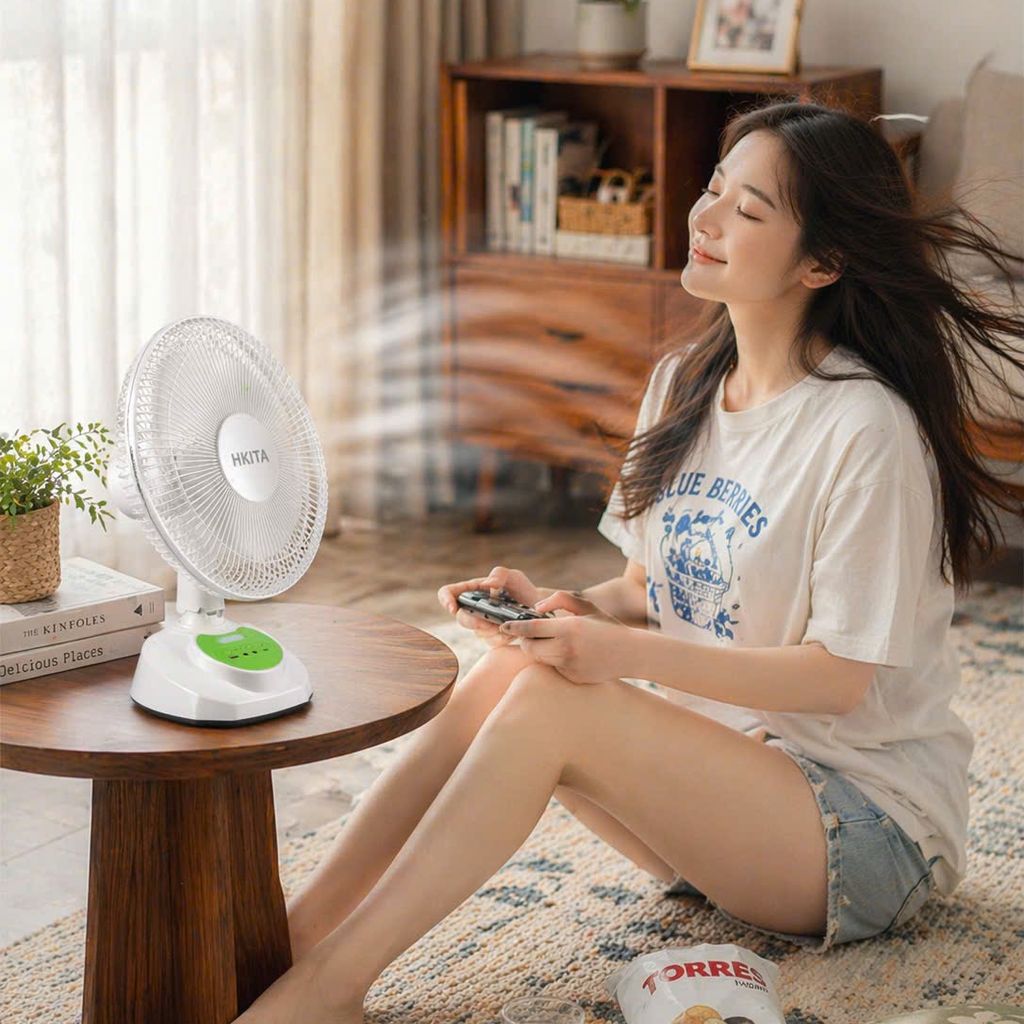 Quạt tích điện HKITA - Siêu bền, tích hợp đèn LED chiếu sáng, trang bị thêm cổng sạc USB