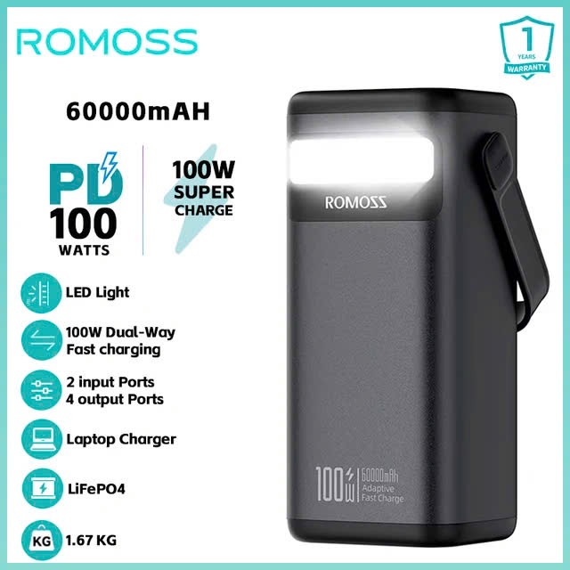Trạm sạc mini - Sạc dự phòng ROMOSS PMT60 – 60.000mAh | 100W sạc nhanh 2 chiều, dung lượng khủng