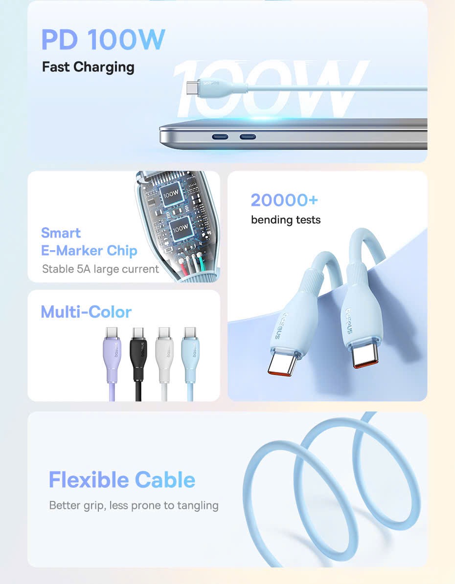  Cáp sạc nhanh 100W Baseus Silicone Pudding 1.2m C to C - siêu bền, tặng kèm sticker (màu tím) - Ảnh 10