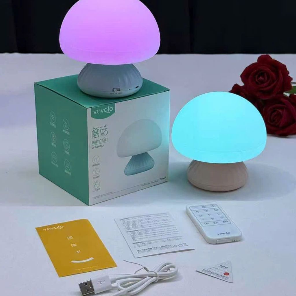 Đèn ngủ nấm VAVOFO - RGB đổi màu, cảm ứng + điều khiển, tích pin tiện lợi, đa chức năng