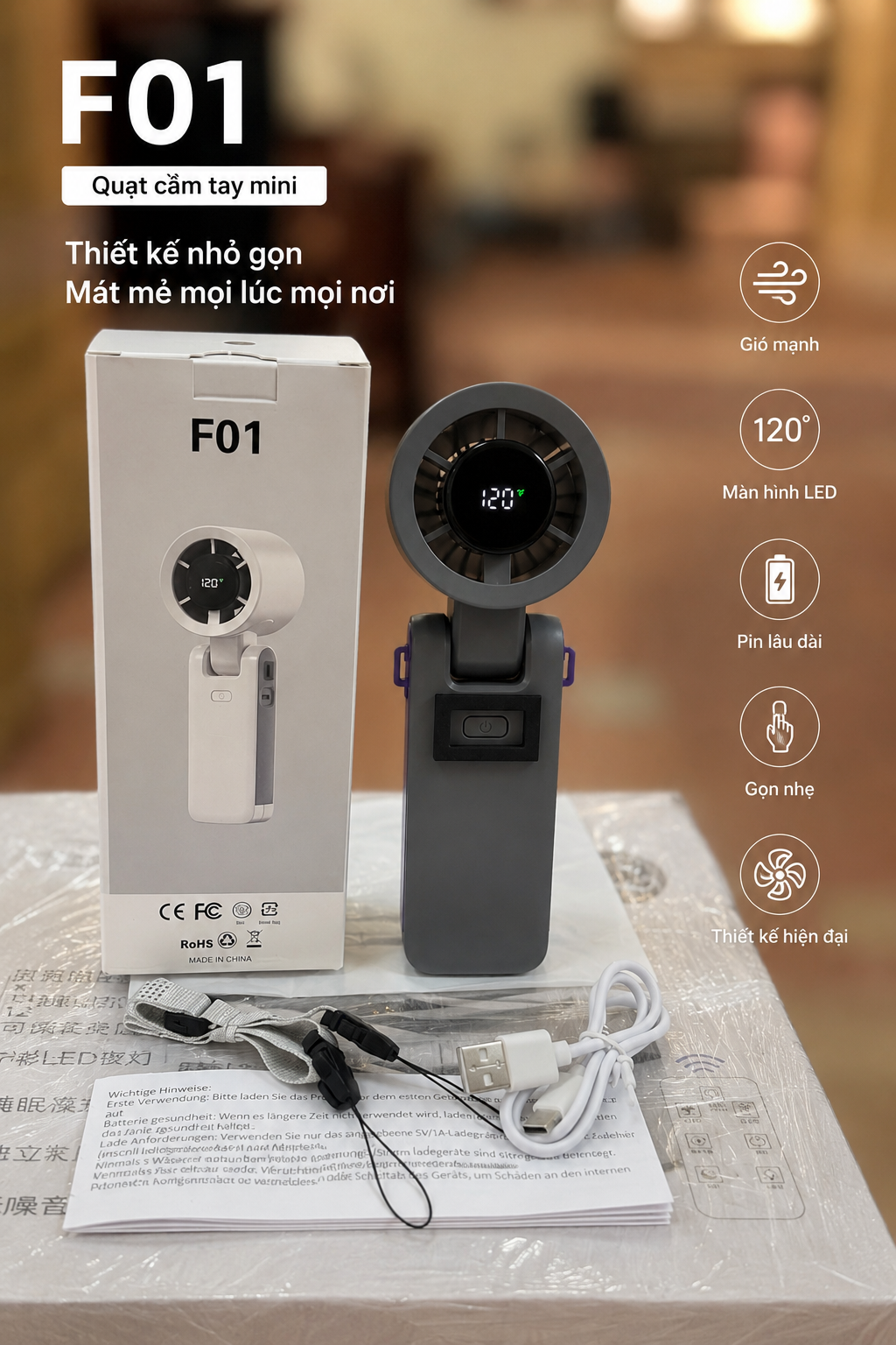 QUẠT CẦM TAY TURBO F01 – ĐIỀU CHỈNH VÔ CẤP, PIN 3000mAh, THIẾT KẾ GẬP GỌN, TẶNG KÈM DÂY ĐEO(random)