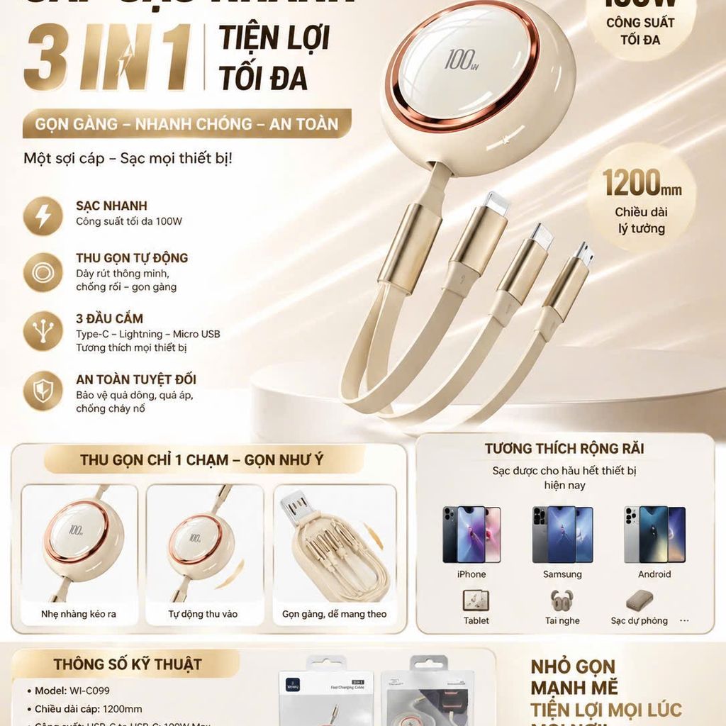  Cáp Sạc Rút Gọn 3in1 WIWU - Sạc Nhanh 100W, dùng đa thiết bị, chống đứt gãy, thiết kế thời trang