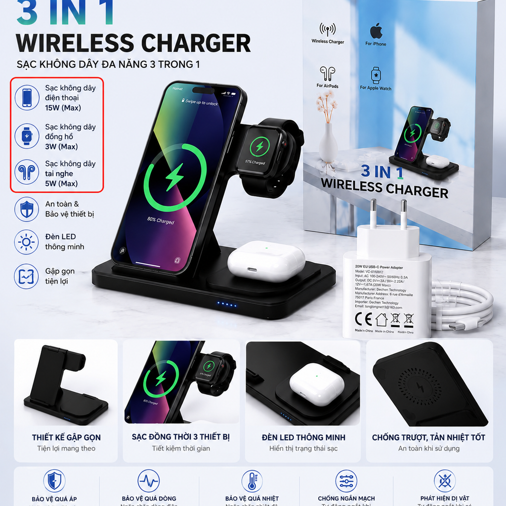 Ord, Dự 28/5 giao - Dock sạc không dây đa năng LUOATIP 3 IN 1 - Tặng kèm bôn sạc nhanh 25W