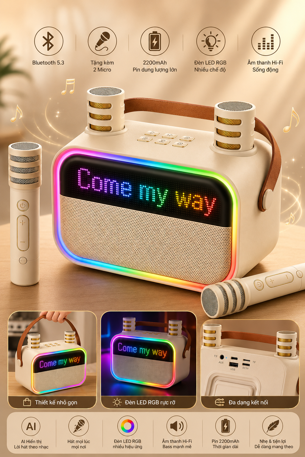 Ord, Dự 3/7 giao - Loa Bluetooth Karaoke K78 AI Hiển Thị Lời Hát, Tặng kèm 2 mic, Đèn LED RGB