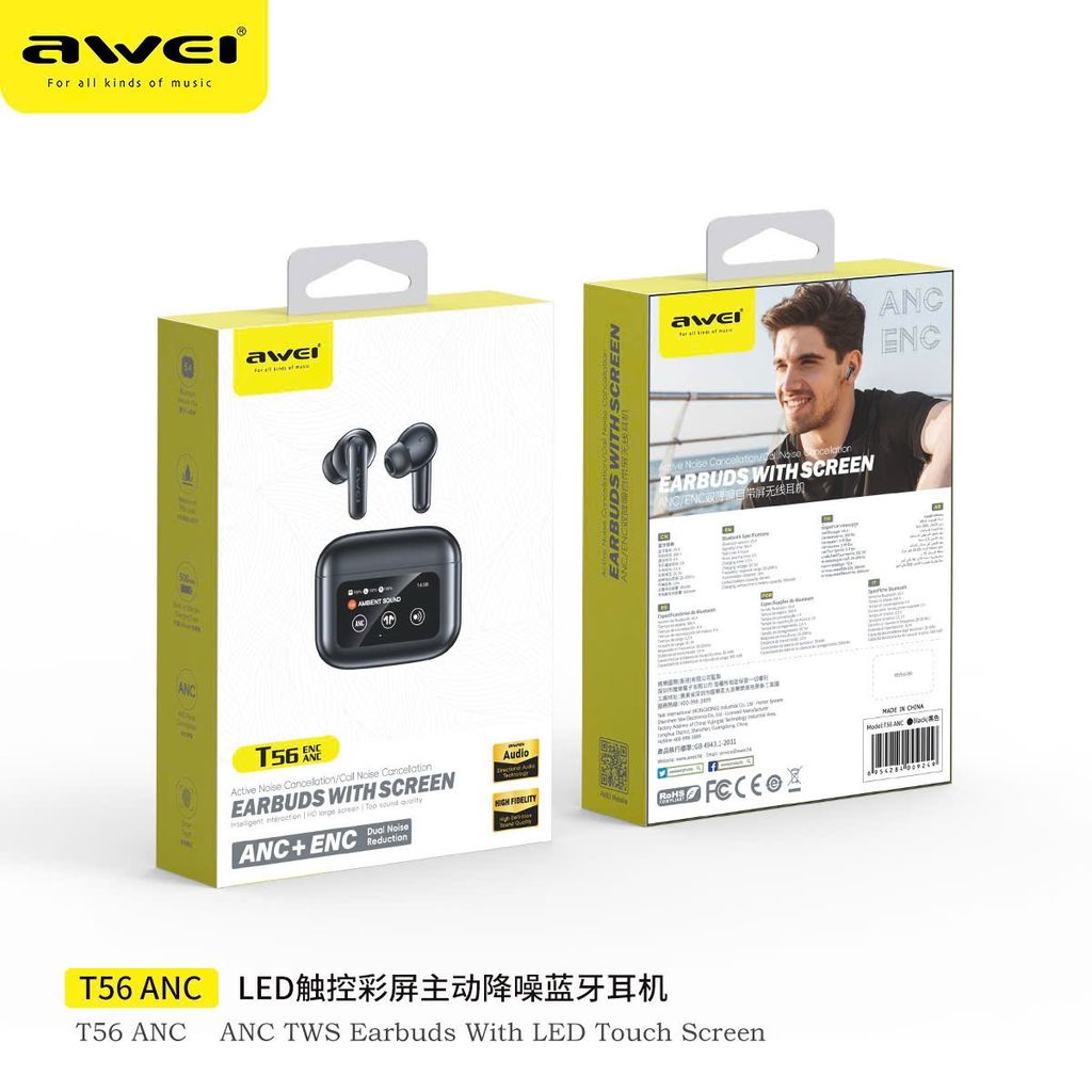 Tai Nghe Bluetooth AWEI T56 ANC Màn Hình Cảm Ứng Màu, Chống Ồn ANC+ENC, Bluetooth 5.4