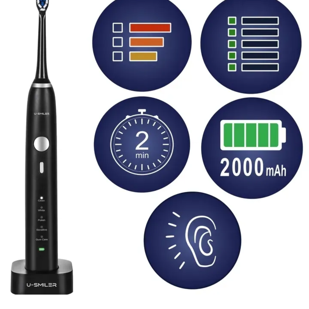Tính năng Bàn chải sóng âm U-SMILER PRO - IPX8, Tần số 84.000 nhịp, dock sạc không dây, tặng hộp + 4 đầu - ĐEN Chi tiết tính năng nổi bật và chất liệu bền bỉ của Bàn chải sóng âm U-SMILER PRO - IPX8, Tần số 84.000 nhịp, dock sạc không dây, tặng hộp + 4 đầu - ĐEN