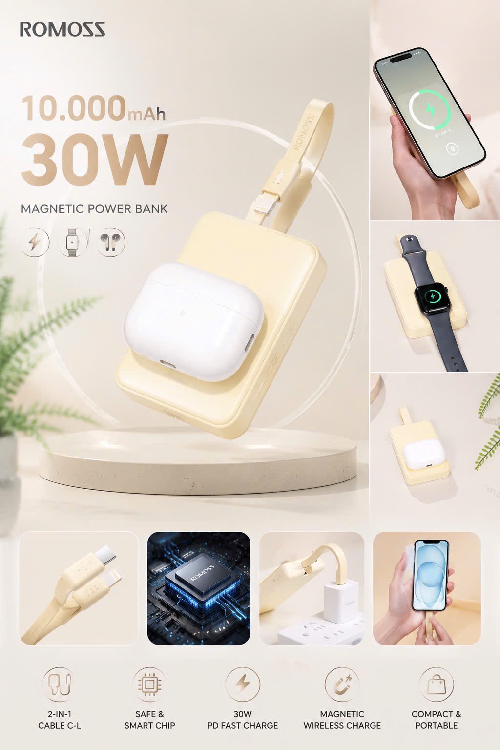 Sạc Dự Phòng MagSafe ROMOSS 10.000mAh 30W - Sạc đồng hồ + airpod, kèm dây C-L (NoBox - Màu Xanh) thực tế Sạc Dự Phòng MagSafe ROMOSS 10.000mAh 30W - Sạc đồng hồ + airpod, kèm dây C-L (NoBox - Màu Xanh) - Góc chụp chi tiết thực tế 4