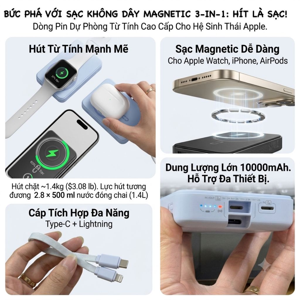 Sạc Dự Phòng MagSafe ROMOSS 10.000mAh 30W - Sạc đồng hồ + airpod, kèm dây C-L (NoBox - Màu Xanh) chính hãng Sạc Dự Phòng MagSafe ROMOSS 10.000mAh 30W - Sạc đồng hồ + airpod, kèm dây C-L (NoBox - Màu Xanh) - Thiết kế ngoại quan thực tế chính hãng tại Hiếu Tạp Hóa