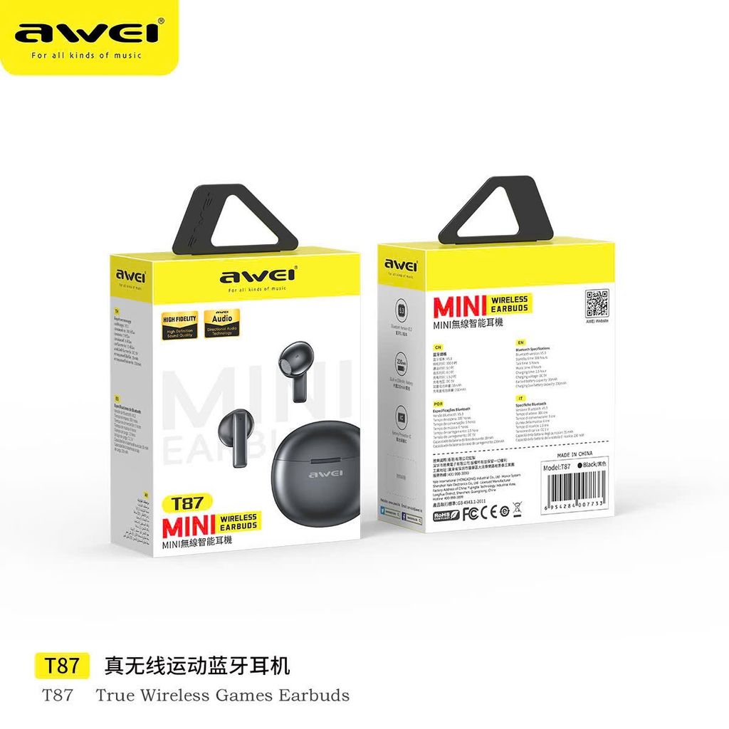 Tai Nghe Bluetooth AWEI T87 Âm Thanh Hi-Fi Độ Trễ Thấp Cho Game Thủ chính hãng Tai Nghe Bluetooth AWEI T87 Âm Thanh Hi-Fi Độ Trễ Thấp Cho Game Thủ - Thiết kế ngoại quan thực tế chính hãng tại Hiếu Tạp Hóa