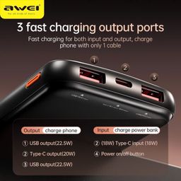 Pin Sạc Dự Phòng AWEI P76K 10.000mAh – Sạc Nhanh 22.5W, Tích Hợp 2 Cáp C-L