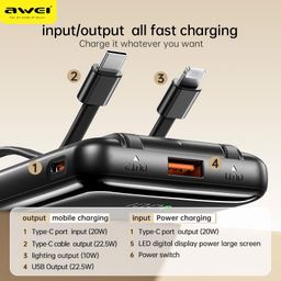 Pin Sạc Dự Phòng AWEI P76K 10.000mAh – Sạc Nhanh 22.5W, Tích Hợp 2 Cáp C-L