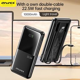 Pin Sạc Dự Phòng AWEI P76K 10.000mAh – Sạc Nhanh 22.5W, Tích Hợp 2 Cáp C-L