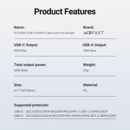 Tẩu Sạc Ô Tô ACEFAST B12 Sạc Nhanh 60W 2 Cổng USB-C Và USB-A Thiết Kế Trong Suốt