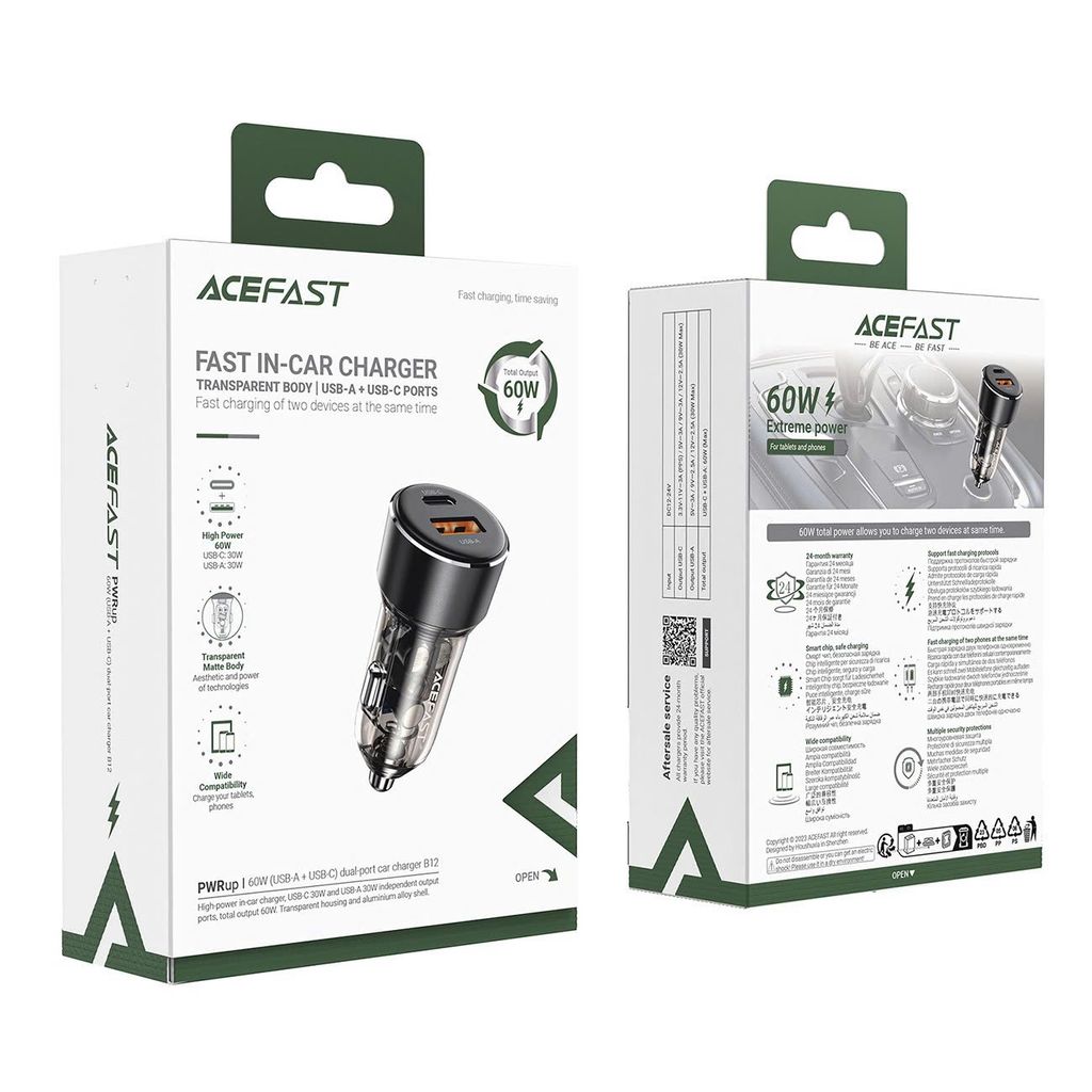 Tẩu Sạc Ô Tô ACEFAST B12 Sạc Nhanh 60W 2 Cổng USB-C Và USB-A Thiết Kế Trong Suốt