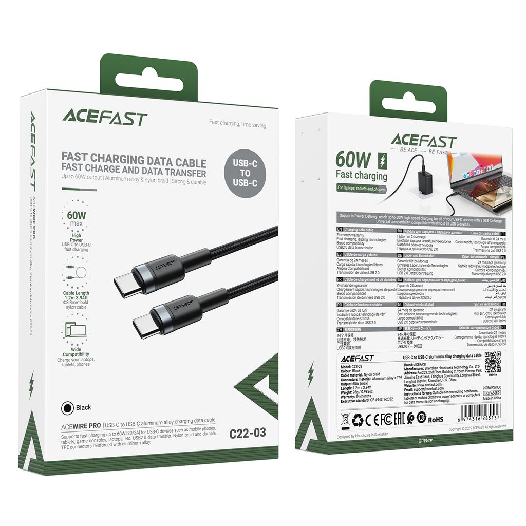 Cáp Sạc Dữ Liệu ACEFAST C22-03 USB-C Sang USB-C Hợp Kim Nhôm Bền Bỉ Tiện Lợi