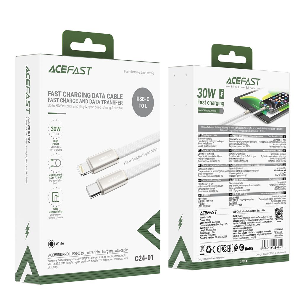 Cáp Sạc Nhanh ACEFAST C24-01 USB-C to Lightning 30W Dây Dù Bọc Nylon Cho iPhone iPad Hỗ Trợ PD Sạc N