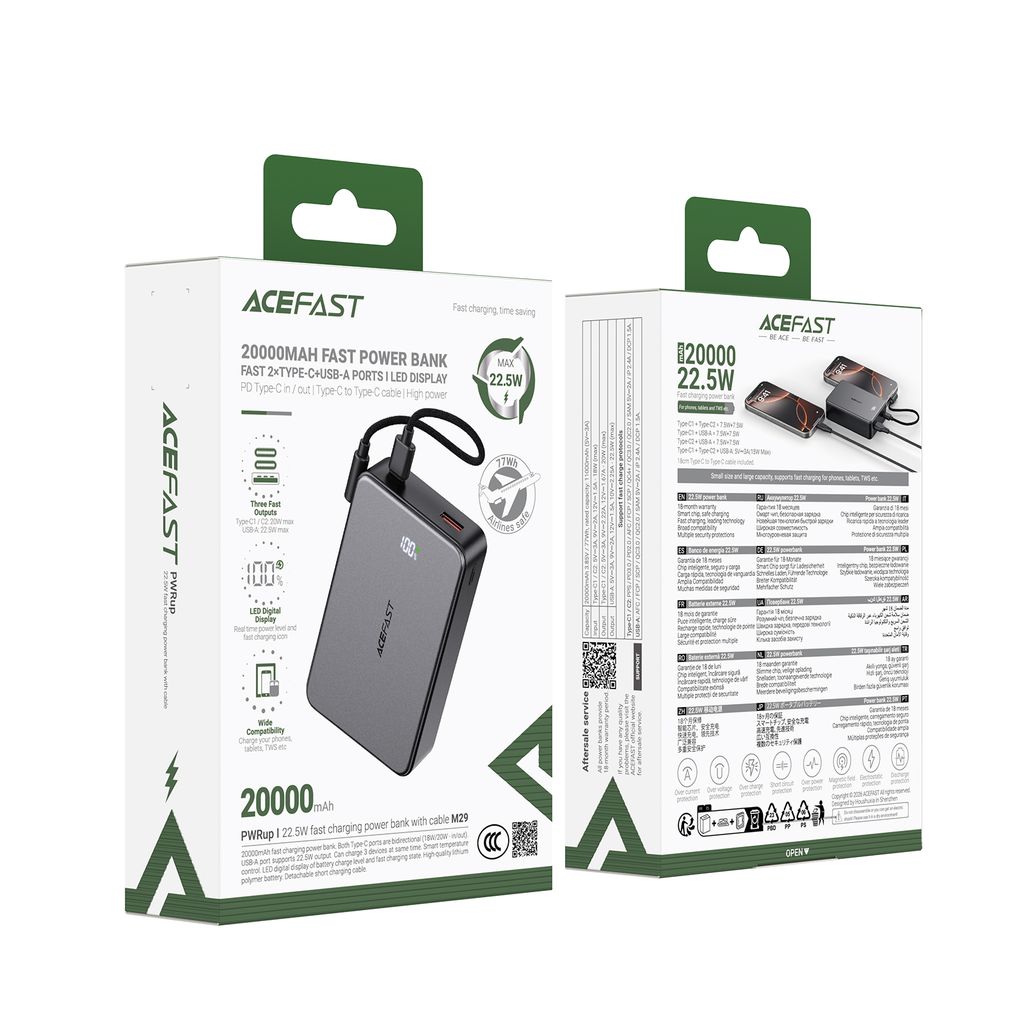 Pin sạc dự phòng ACEFAST M29-20000 dung lượng 20000mAh sạc nhanh 22.5W, 2 cổng Type-C + USB-A tích h