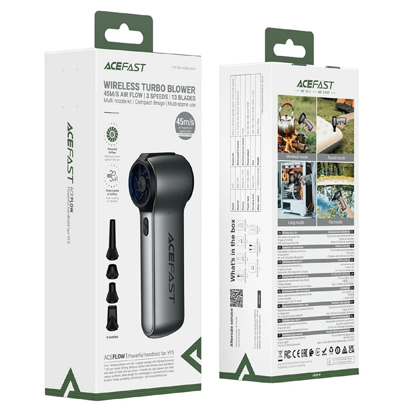 Máy Thổi Gió Turbo Cầm Tay ACEFAST YF3 Không Dây 110.000RPM – 3 Cấp Độ Gió, 4 Đầu Thổi Đa Năng, Vệ S