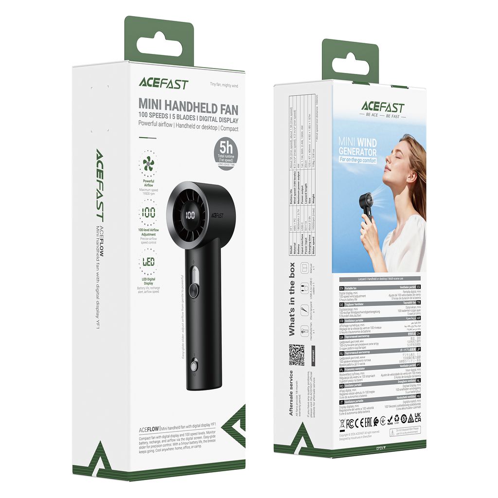 Quạt Cầm Tay Mini ACEFAST YF1 Màn Hình Kỹ Thuật Số – 100 Cấp Độ Gió, Sạc USB-C, Quạt Cầm Tay Không D