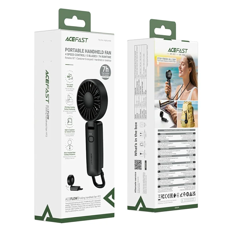 Quạt Cầm Tay Gấp Gọn ACEFAST YF2 Pin 1800mAh – 4 Cấp Độ Gió, Quạt Mini Không Dây Du Lịch Ngoài Trời,