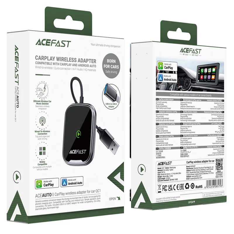 Bộ Chuyển Đổi Không Dây ACEFAST QC1 USB-A Cho Apple CarPlay / Android Auto – Chuyển Từ Có Dây Sang W