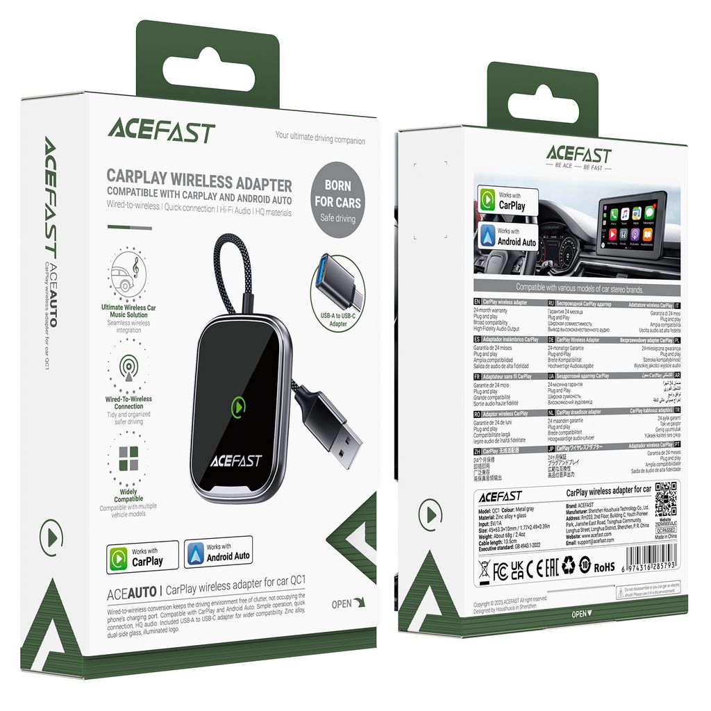 Bộ Chuyển Đổi Không Dây ACEFAST QC1 USB-A Cho Apple CarPlay / Android Auto – Chuyển Từ Có Dây Sang W