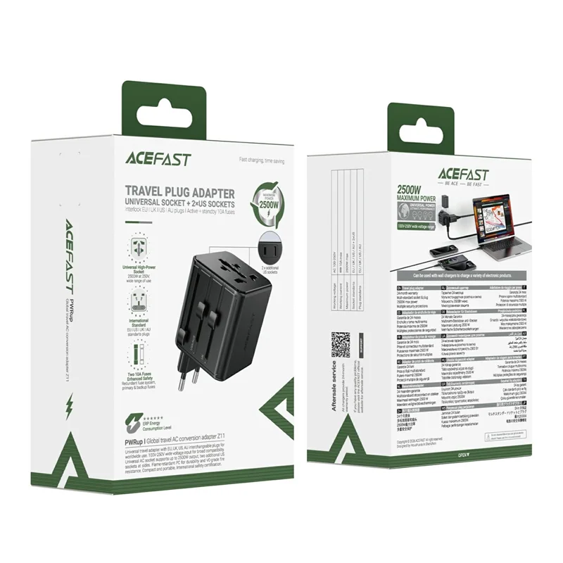 Bộ Chuyển Đổi Ổ Cắm Du Lịch Quốc Tế ACEFAST Z11 2500W – Tích Hợp 2 Cổng USB, Hỗ Trợ Chuẩn Cắm EU/UK/