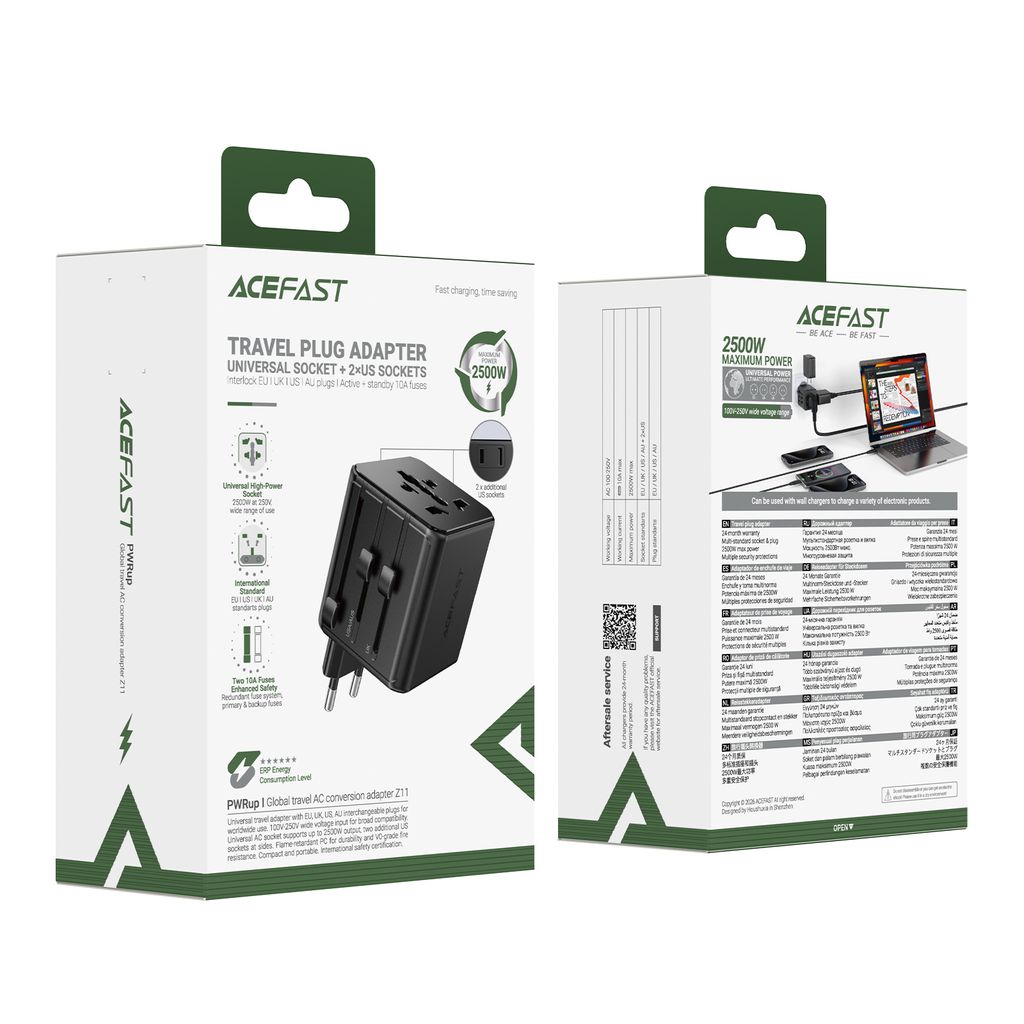 Bộ Chuyển Đổi Ổ Cắm Du Lịch Quốc Tế ACEFAST Z11 2500W – Tích Hợp 2 Cổng USB, Hỗ Trợ Chuẩn Cắm EU/UK/