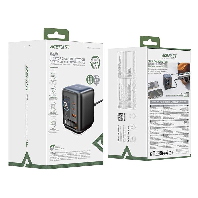 Bộ Sạc GaN Để Bàn ACEFAST Z10 100W Màn Hình TFT – 2 Cổng USB-C + USB-A, Cáp Rút Tích Hợp, Sạc Nhanh