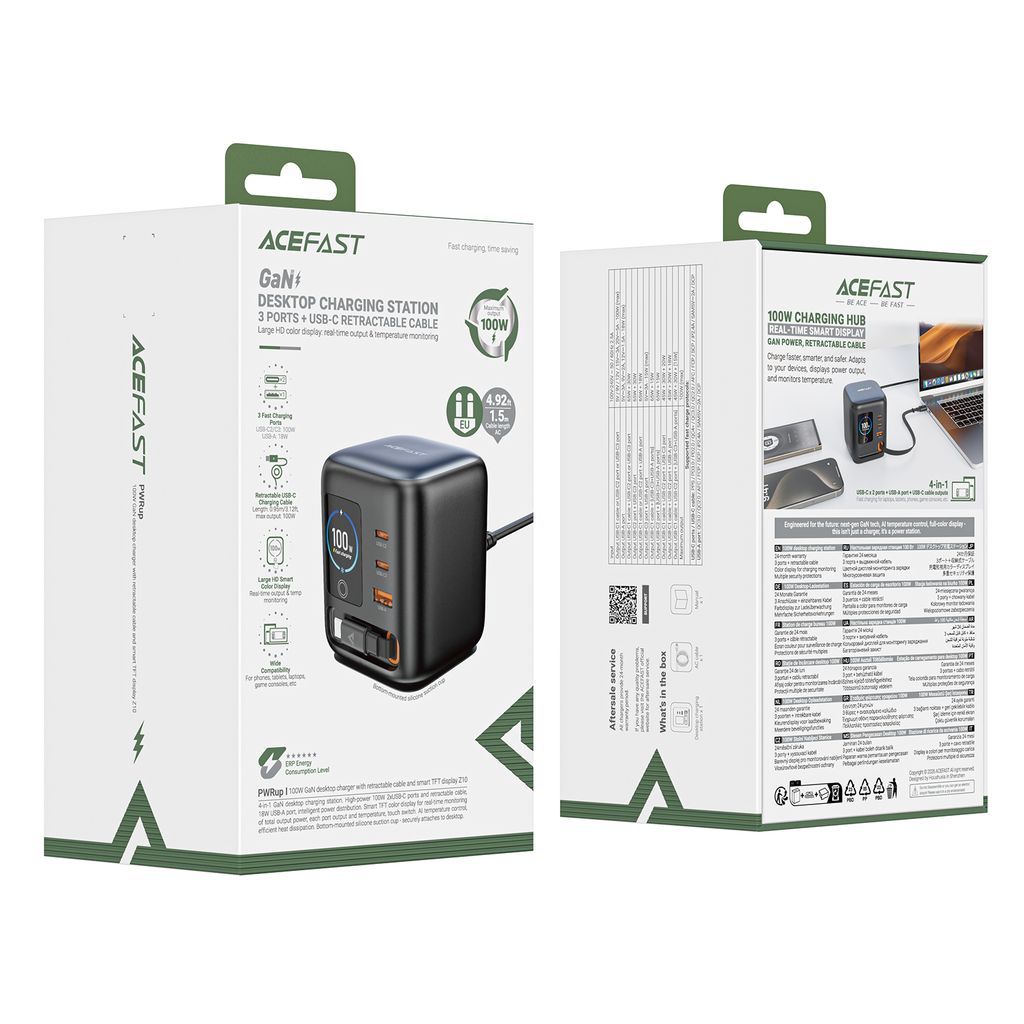 Bộ Sạc GaN Để Bàn ACEFAST Z10 100W Màn Hình TFT – 2 Cổng USB-C + USB-A, Cáp Rút Tích Hợp, Sạc Nhanh 