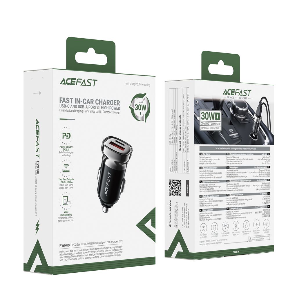 Tẩu Sạc Ô Tô ACEFAST B19 30W, 1 Cổng USB-C PD, 1 Cổng USB-A, Sạc Nhanh Cho Điệ…