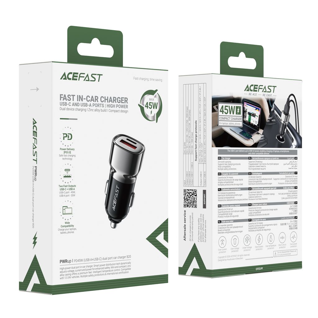 Tẩu Sạc Ô Tô ACEFAST B20 45W, 1 Cổng USB-C PD, 1 Cổng USB-A, Sạc Nhanh Cho Điệ…