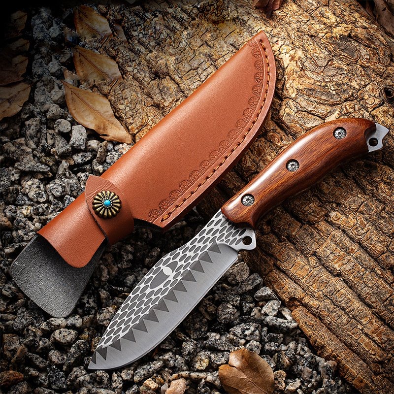 Dao Săn Cao Cấp Crocodile Tooth Pattern Hunting Knife | Thép Chống Gỉ Cán Gỗ Hương