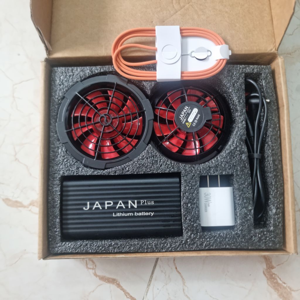 Bộ Pin Áo Điều Hòa Japan  Gồm Pin 50.000mah 12V + 2 Quạt Gió 9 Cánh + Sạc Full Box, Hoạt Động 12-24h