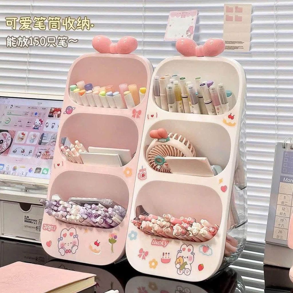 Hộp đựng bút 3 ngăn kèm nơ và sticker