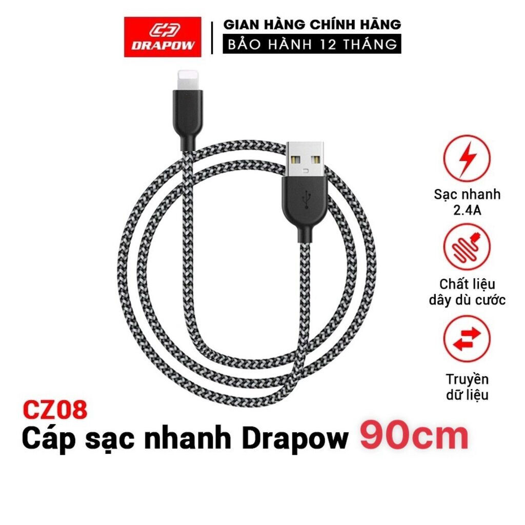 Cáp sạc iPhone USB to L DRAPOW CZ08 dây dù siêu bền chống đứt độ dài 0,9m