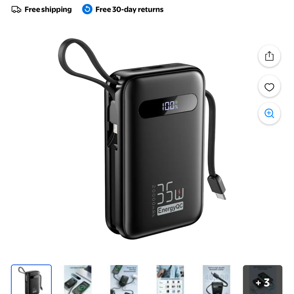 Sạc dự phòng EnergyQC 20.000mah 35W tích hợp dây sạc nhanh C + L tiện dụng
