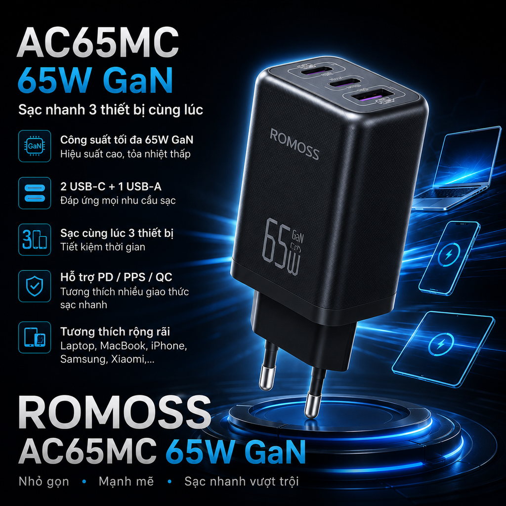 Củ sạc nhanh Romoss GaN 65W 2C1A AC65MC chân EU hỗ trợ nhiều chuẩn sạc