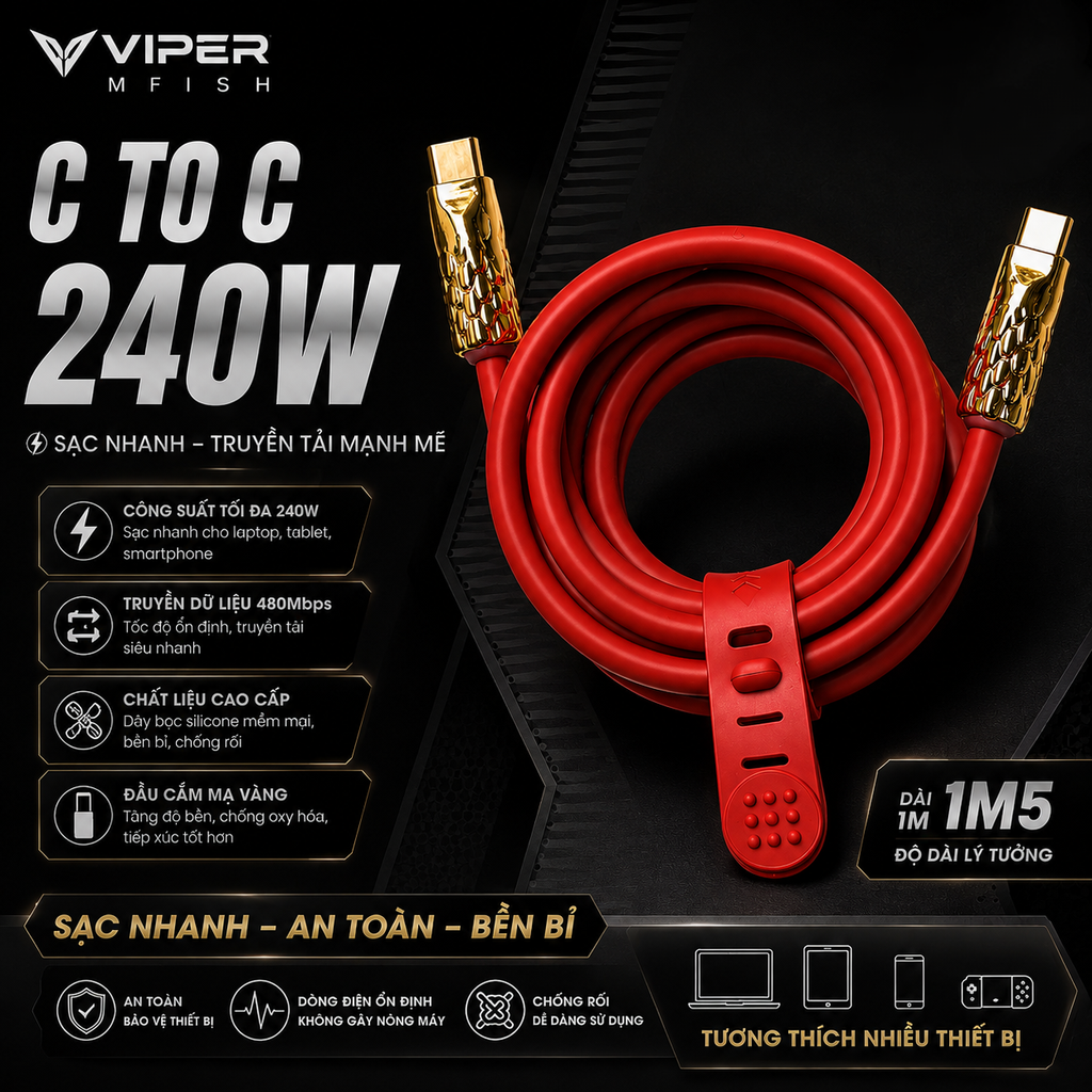 Dây sạc C to C MFISH COLORFUL DRAGON C TO C 240W màu đỏ vàng 1m5 NoBox