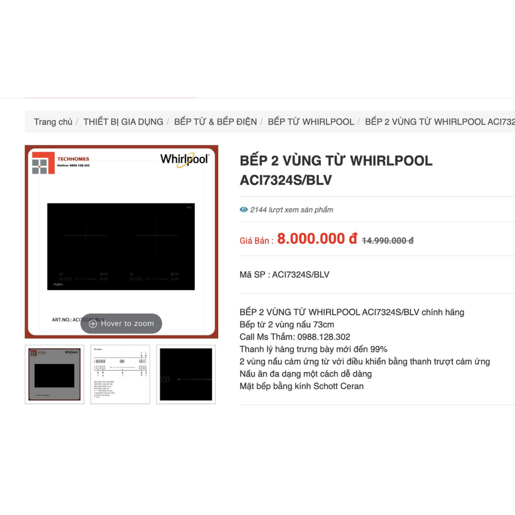 BẾP TỪ ĐÔI WHIRLPOOL ACI7324S/BLV mặt bếp bằng kính Schott Ceran Chuẩn Đức 