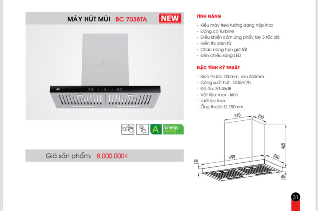 Hút mùi Bauer BC7038TA 1400m3/h