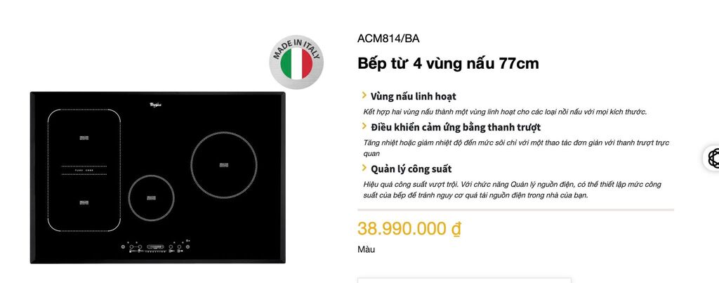 Bếp điện từ 4 bếp Whirlpool ACM814/BA Nhập khẩu Ý