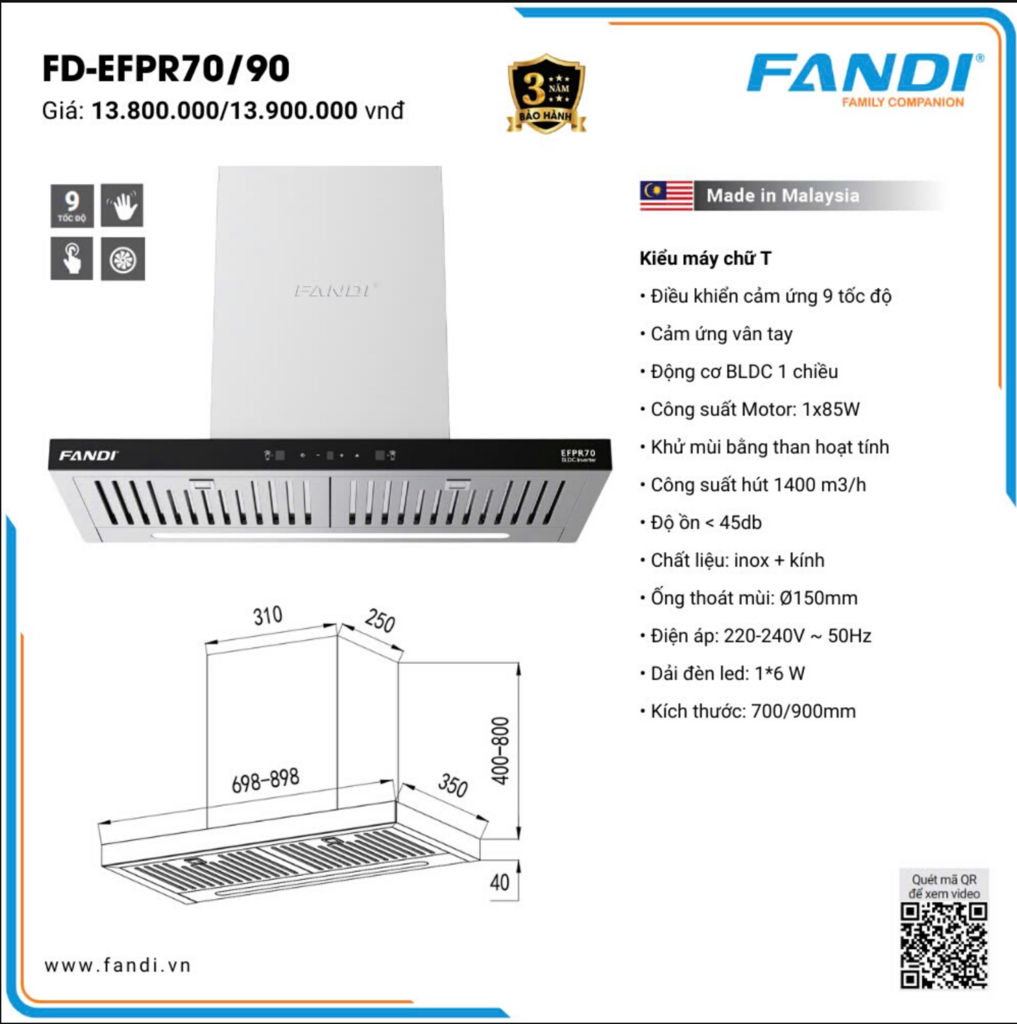 Máy Hút Mùi Fandi EFPR70 nhập khẩu Malaysia
