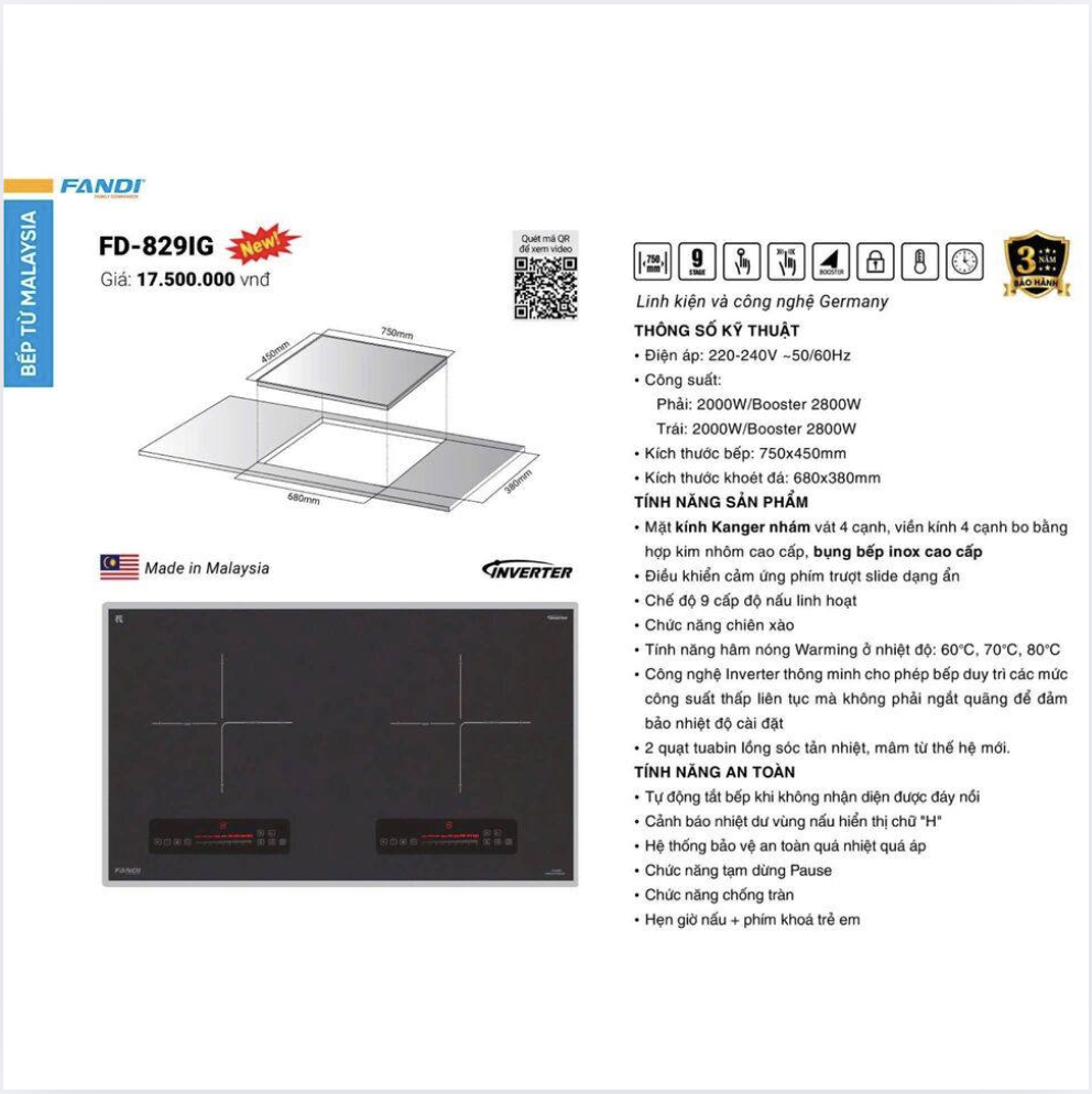 Bếp từ Fandi FD-829IG Hàng cực xịn nhập Malaysia có ảnh bụng bếp 