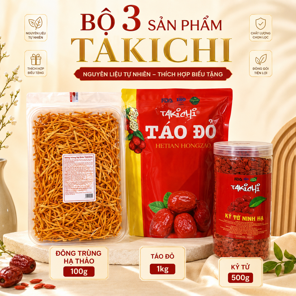 Set đông trùng hạ thảo 100g - Táo đỏ 1kg - Kỷ Tử 500g hãng Takichi
