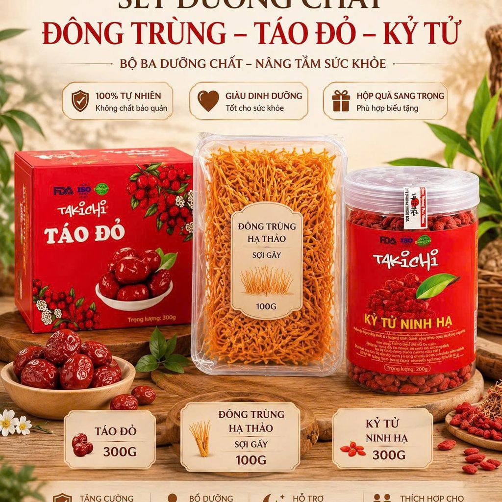 Set đông trùng hạ thảo gãy 100g - táo đỏ 300g - kỷ tử 300g Takichi