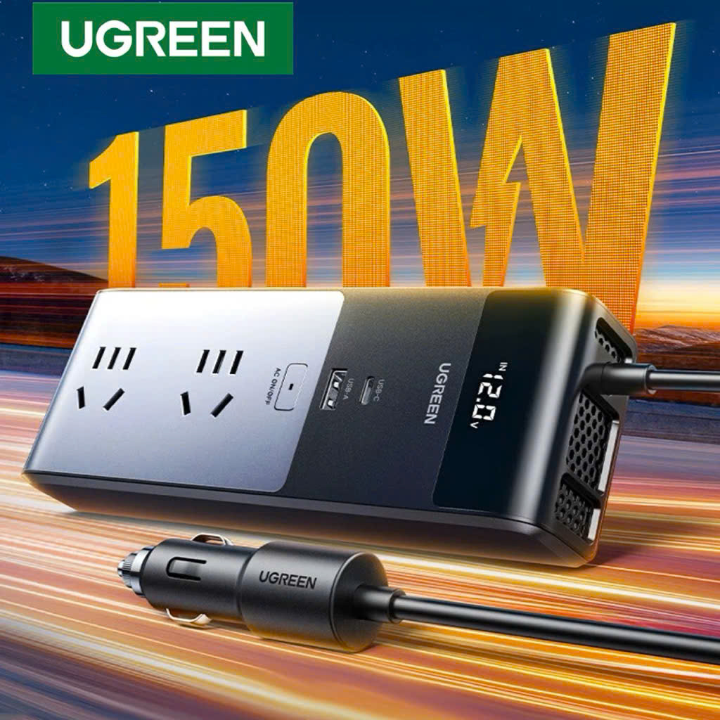 Bộ Chuyển Nguồn 12V Sang 220V Cho Xe Ô Tô Ugreen CD313 - 150W - 2 Cổng AC 220V - Type C 30W
