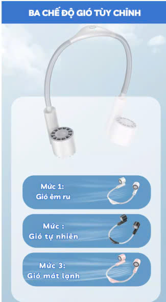 Quạt Đeo Cổ . Tích Điện, Tuabin 7 Cánh 3 Tốc Độ, Ống Quạt Silicon Uốn Cong 360° (Note màu) - Ảnh 6