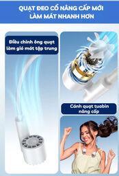Quạt Đeo Cổ . Tích Điện, Tuabin 7 Cánh 3 Tốc Độ, Ống Quạt Silicon Uốn Cong 360…