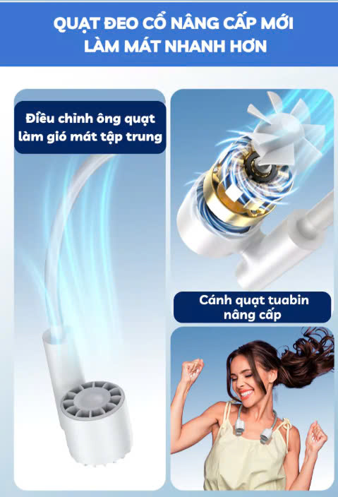 Quạt Đeo Cổ . Tích Điện, Tuabin 7 Cánh 3 Tốc Độ, Ống Quạt Silicon Uốn Cong 360° (Note màu) - Ảnh 4